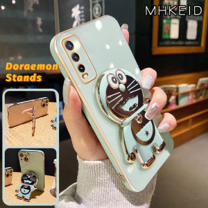 MHKEID Casing Ponsel untuk vivo Y20 Y20s Y20i Y20S G Y12A Y12s Y20T Y20S M Y20S D Y11s Y30G Case HP pola Doraemon Fashion Softcase Phone Stands lapisan Tepi mewah Kesing silikon penutup belakang penuh kamera Casing