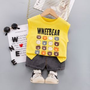 เด็กผู้ชายใส่ เสื้อแขนกุดหัวสัตว์ กางเกงขาสั้นเดนิม ชุดการ์ตูนเด็กผู้หญิงฤดูร้อนสองชิ้น