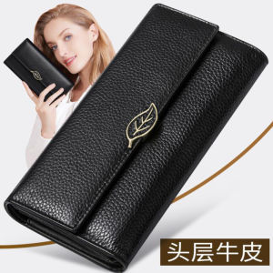 MISTLETOE Black Women Wallet Cow Genuine Leather Trifold Long Purse Card Holder Clutch Bags for Women