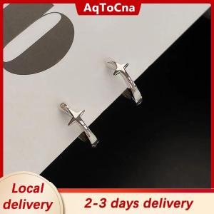 [COD] AqToCna Ship within 24 hours Four-pointed Star Cross Small Hoop Earrings For Men Women Hip Hop Retro Black Silver-color Street Gothic Ear Jewelry