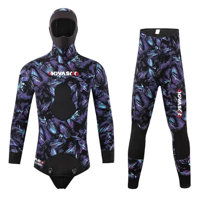 Mens 3mm Spearfishing Wetsuit 2-Pieces Hooded Neoprene Super Stretch Camo Diving Suit for Snorkeling SurfingScuba Diving