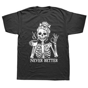 Drinking Coffee Skeleton Cotton Funny Graphic T-Shirt Short Sleeve Humor Streetwear Tee Loose Fit Clothing for Men And Women