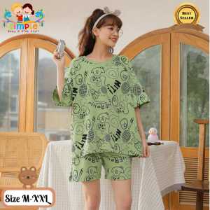 Piyama Wanita Import Pendek Bahan Katun Premium Setelan Baju Tidur Lucu Hijau Size M-XL