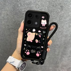 เคส PBZZ สำหรับ REDMI NOTE 13 14 4G REDMI NOTE 13 14 PRO 5G 14S เคสศัพท์แบบนุ่ม ซิลิโคนกันกระแทก ดีไซน์ใหม่ สวยงาม แมวน่ารัก สีดำ พร้อมที่จับและสายคล้อง JTDTMZJ01