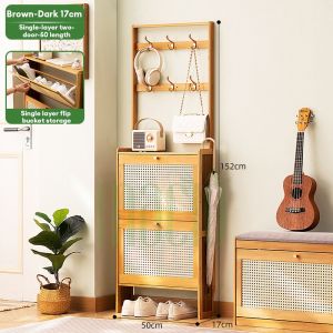 Bamboo Shoe Cabinet Ultra-thin Storage Cabinet Multi-functional Flip Door Single Layer+ Clothes Hanger Multi-purpose To Save Space