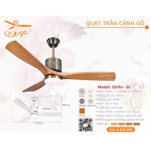 Đèn quạt vifa cánh gỗ phòng kháchphòng bếp Qvifa - 01 bảo hành 5 năm động cơ chính hãng