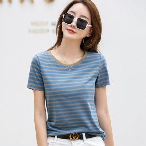 Striped Short Sleeved T-shirt Womens New Korean Version Loose Casual Round Neck Top
