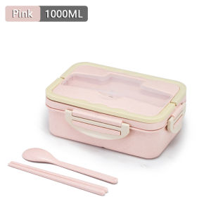 Fypo 1000ml wheat straw material lunch box with spoon chopsticks multi-function lid microwave picnic bento box portable leak proof lunchbox for student office worker kitchen compartment food storage container dinnerware