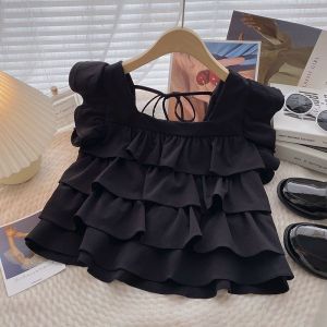 Girls summer vest Korean style wood ear edge tops girls flying sleeves shirts for middle and large children solid color lining fashion