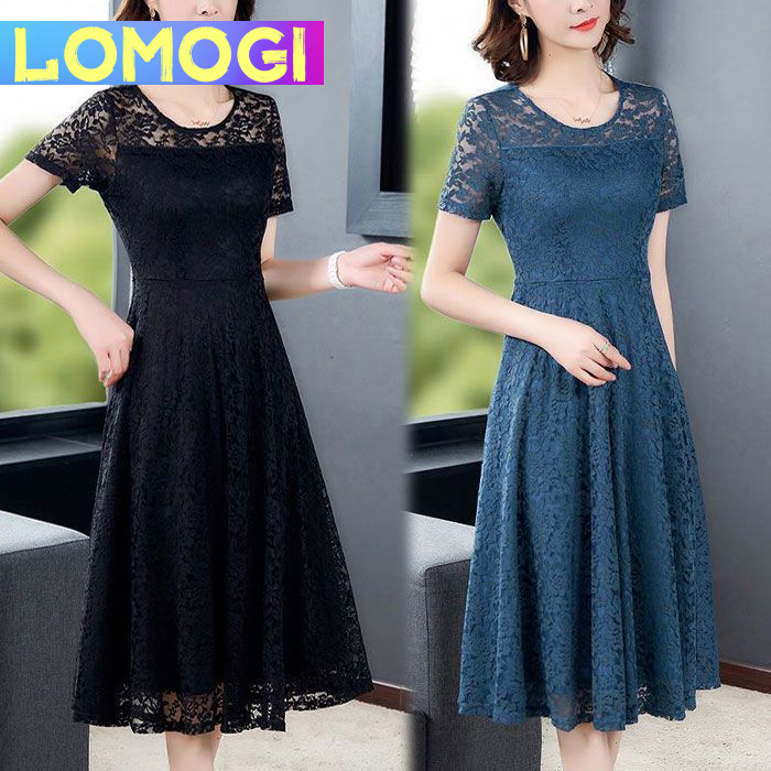 LOMOGI M-5XL Plus Size Dress Round Collar Short Sleeve Solid Casual Midi  Dresses A Line Fashion Slim Elegant Lace Women Dress Lazada