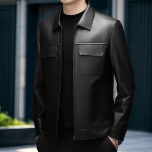 Business Lapel Cargo PU Jacket for Men Soft PU Fabric Multi Pockets Waterproof Durable Casual All-Match Motorcycle Outerwear
