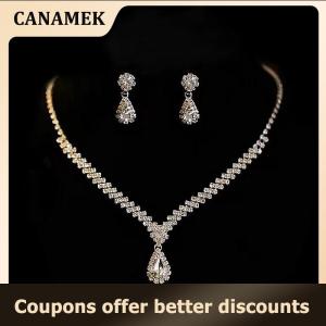 【 CANAMEK 】 3Pcs Simple Fashion Water Drop Crystal Rhinestones Necklace Earrings Sets For Women Wedding Bride Jewelry Sets Accessories Gift