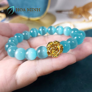 Vòng tay phong thủy đá Mắt Mèo màu xanh biển size hạt 10 li phối charm hoa xi mạ cao cấp hợp mệnh Mộc Thủy Hỏa | Hoa Minh Gem