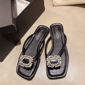 Square Rhinestone Buckle Flip-Flops New Summer Outdoor Wearable Waterproof Beach Sandals Flat Slippers For Women