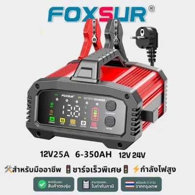 FOX SUR 12V/24V 25A 2024 Professional Fast Charging Power Supply for Large Engines Construction Vehicles Boats Motorcycles - 6-350Ah High Safety with Carabiner Clip