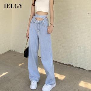 IELGY Street shooting high waist bandage denim trousers womens loose