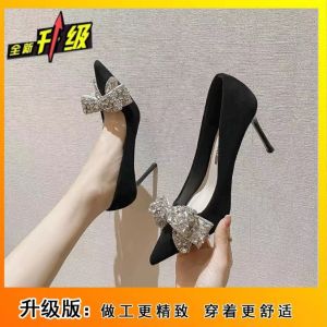 [Free Shipping] WomenS High Heels 2026 Spring Collection New Style With Rhinestone Bow And Crystal Embellishments Elegant Black Pumps With A Slender Heel