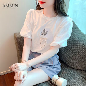AMMIN 2022 Summer Womens New Lace Puff Sleeve Splicing Bow Print Top Korean Fashion Temperament Versatile Lace Splicing Print Blouse