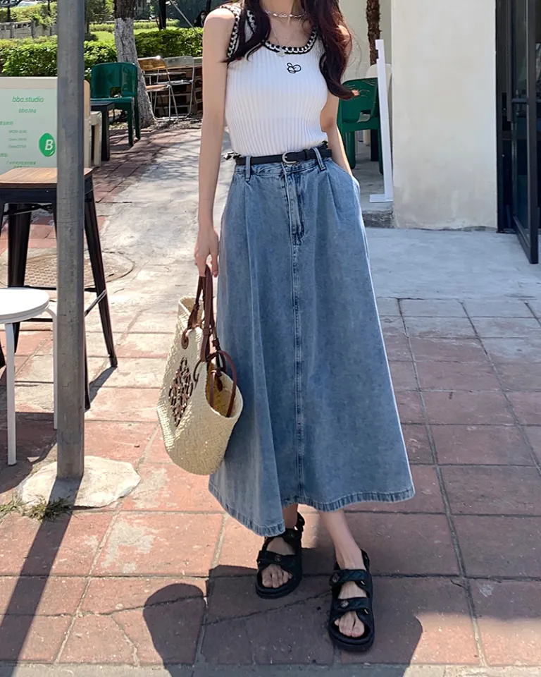 Long denim skirt outlet korean fashion