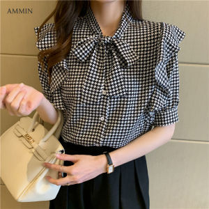 AMMIN New Korean version of the V-neck bowknot printed short-sleeved chiffon shirt temperament ruffle stitching all-match loose plaid blouse top