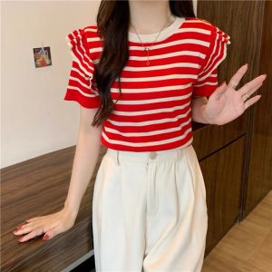 Áo thun len dệt kim nữ tay ngắn kiểu kẻ sọc ngang cổ tròn hàng Quảng Châu thiết kế cao cấp