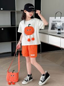 Kaos setelan Anak Perempuan Laki Laki lengan pendek putih+celana pendek oranye+tas kecil import