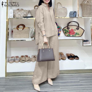 ZANZEA Korean Style Womens 2pcs Suits Casual Lapel Lantern Sleeve Irregular Shirt Wide Leg Pant Set #0805