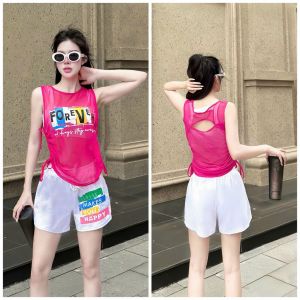 NalS-Áo tanktop nữ xinh chất thun lưới mềm mịn dây rút 2 bên chữ màu nổi tập aerobic shuffldanc