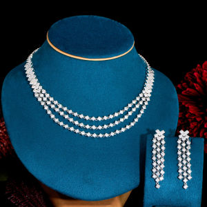 SEQUITO Women Luxury Jewelry Set White Gold Color Full Pave Setting Shiny AAAAA Cubic Zirconia Personality Girly Dancing Party Necklace Super Long Earrings SJ336