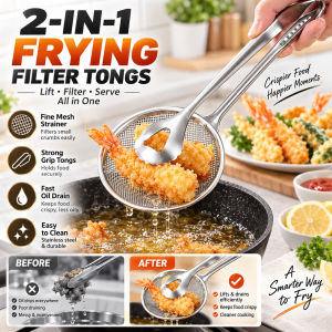 2-in-1 Stainless Steel Strainer Clip Oil Filter Grid Scoop Fryer Tongs Frying Mesh Kitchen Colander Spoon with Clip 厨房不锈钢漏勺带夹