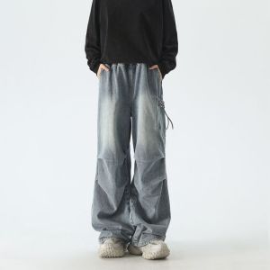 NCE Mens trendy elastic waisted jeans with loose straight leg wide leg high street style retro pleated pocket design