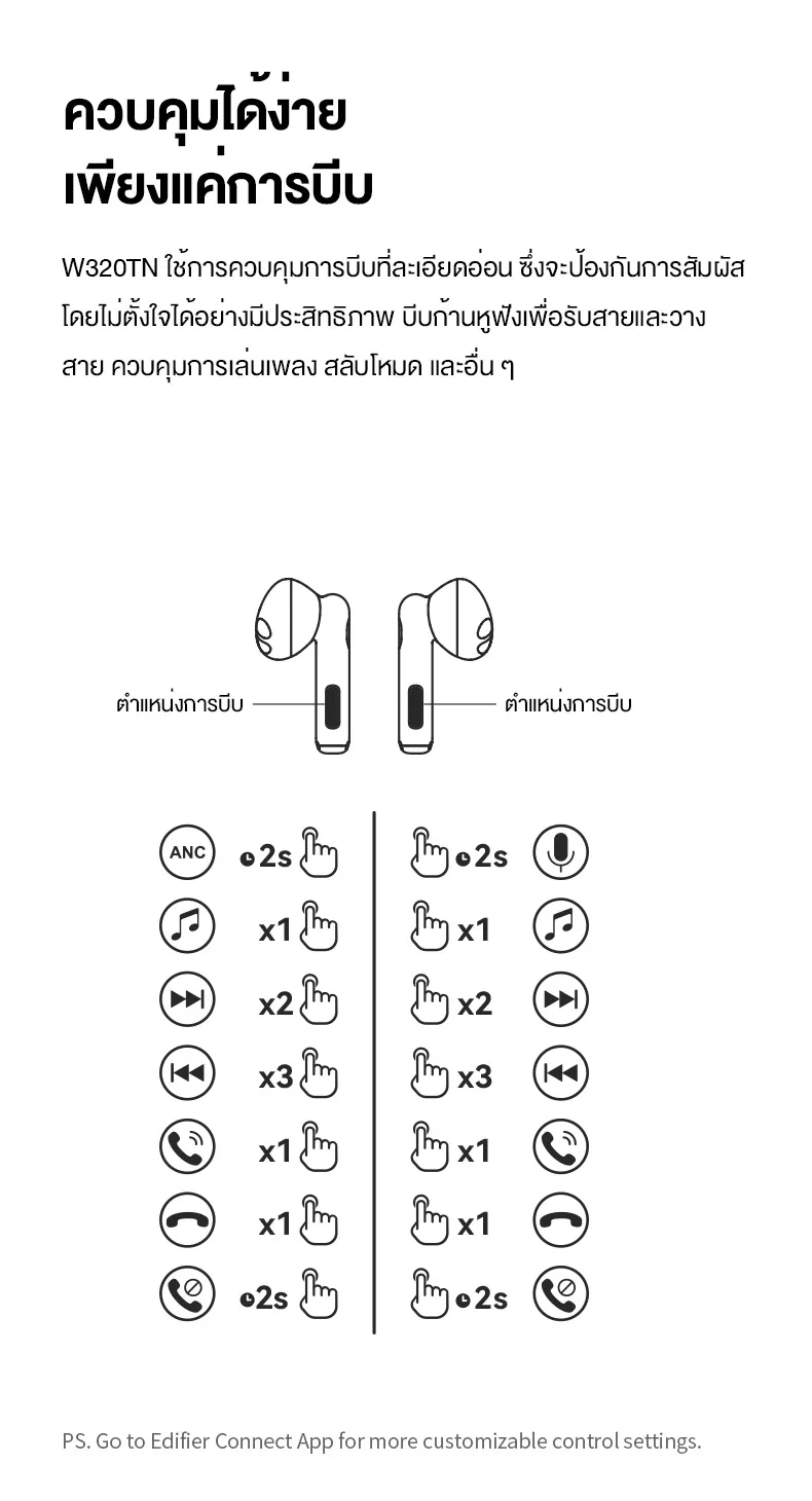 Edifier W320TN TWS หูฟังตัดเสียงรบกวนหูฟังบลูทูธ V5.3 Adaptive Active Noise Cancellation 3 + 3 ไมโครโฟน AI Adaptive การรับรองไร้สายความละเอียดสูง