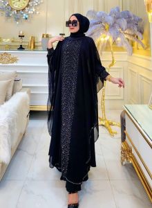 Gamis Abaya Kaftan Alya Hitam Polos Jersey Ceruti Bordir Mote Swarosky Turkey Model Terbaru