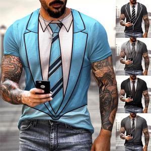 [Local Stock] VCC Mens 3D Fake Suit Print T-Shirt Light Blue O-Neck Short Sleeve Casual Formal Streetwear Graphic Tee Tops