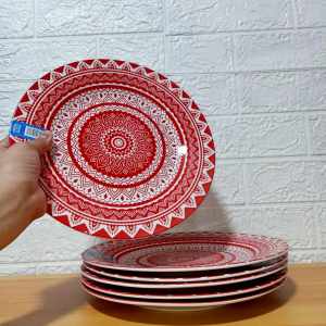 CERAMIC DINNER PLATE / 10 INCHES SIZE / RED BOHO COLOR PRINT / MEAT PLATE / ROUND PLATE