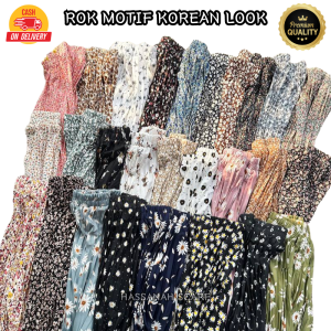 Rok Plisket Motif Bunga Rempel Wanita Korean Look - Rok Plisket Motif Premium Tebal