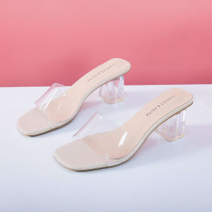 [Free Shipping] Slippers High Heels Crystal Heel Chunky Heel Medium Heel Strap Transparent Breathable Stylish WomenS Sandals