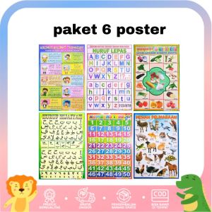 Paket 6 Poster Edukasi Anak Belajar Buah Hijaiyah Huruf Alphabet Angka Hewan Doa