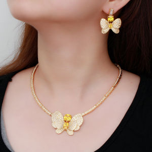 SEQUITO Brilliant Citrine Statement Butterfly Pendant Choker Necklace Earrings Micro CZ Temperament Luxury Jewelry Set SJ187