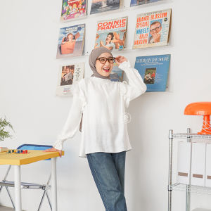 Tsabine - Hellen Blouse Atasan Wanita Katun Linen Polos Ruffle Pundak Karet Tangan Denim Navy