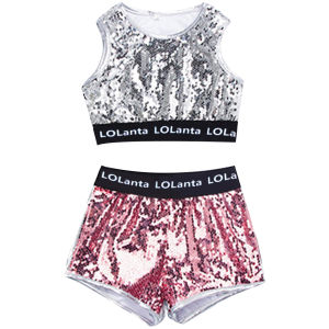 LOlanta Girls Jazz Dance Street Dance Modern Dance Costumes Fashion Kids Glitter Pink Sequin Crop Tops Shorts Jacket Childrens Hip Hop Dance Stage Performance Wear