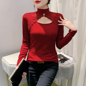 Yimei Quảng Châu Phụ Nữ Xinh Đẹp Của T-Shirt phiên bản Hàn Quốc 2023 Mới Mùa Thu/Mùa Đông Áo sơ mi mặc trong Thời Trang Và Thời Trang Cutout Ren Nửa cổ cao áo hồng