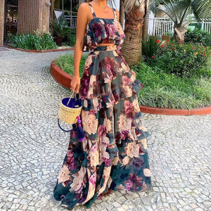 2026 Hot Sale [ Shipped from China ]2026 Summer New Womens Clothing   Beachside vacation style printed two-piece set   Strappy Cake Skirt Set B3