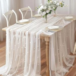 Pearl Tulle Fabric Sheer Table Runner Soft White Mesh Cloth for Wedding Party Table DIY Decoration