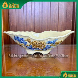 Bát Gà Bát Tràng Men Hoàng Thổ Đắp Nổi Hoa Sen Bát Bày Gà Bát Thuyền Sâu Lòng 32x17x105cm