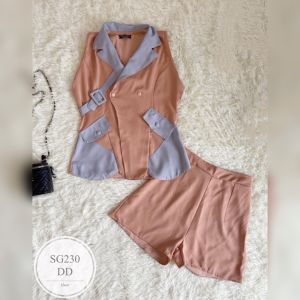 SG230  Set 2 ชิ้น เสื้อแขนกุดคอปก แต่งสายคาดอกเข็มขัดปั้ม มาพร้อมกางเกงขาสั้น