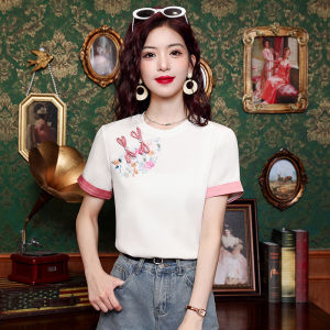 Ammin 2024 đơn giản Mới Mùa Hè Ngắn Tay Cổ Tròn Nút đĩa định vị thêu hoa áo thun cotton nguyên chất Áo Blouse thanh lịch ngắn tay Mới Nữ