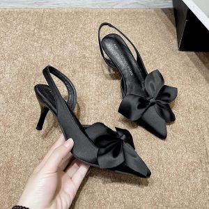 Plus Size Sandals Womens Summer New Fashion European and American Solid Color Bow Pointed-toe Stiletto Heel Womens Shoes