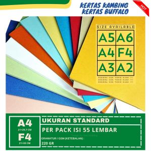 KERTAS BUFALLO/KERTAS KAMBING A4 F4 PLANO ANEKA WARNA PERPACK (ISI 55 LEMBAR)