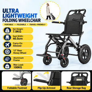 Ultra Lightweight Foldable Transport Chair with Telescopic Handle Travel Transfer Wheel Chairs for Seniors 7.9KG Aluminum Frame Breathable Mesh Seat 12" Honeycomb All-Terrain Wheel100KG Load Carry-On Airplane